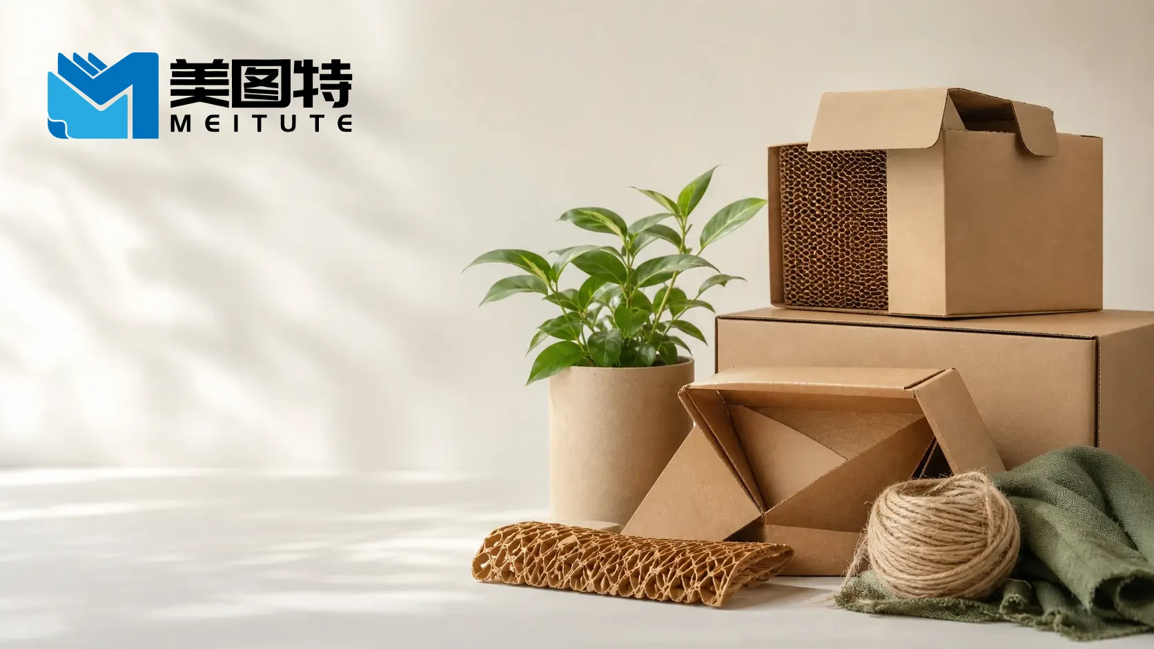 可回收瓦楞纸箱、纸材和植物组成的可持续包装场景